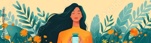 Woman holding a bottle of adaptogen supplements, Nutritional supplements, Balancing stress response photo