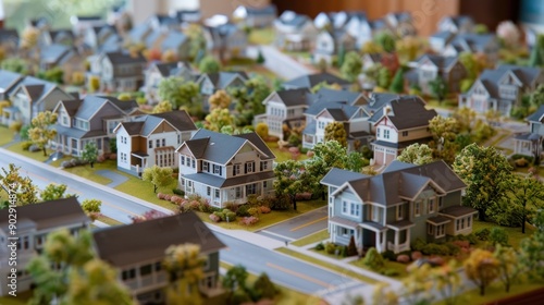 Generate a photo realistic image of a maquette depicting a residential development with houses, apartments, and community amenities; ensure the image is of high resolution for clear  photo