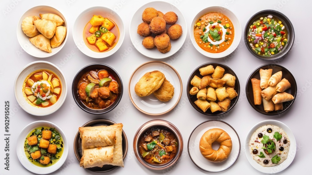 Top-down view of diverse Indian dishes such as curry, samosa, rolls, pani puri, and pakora isolated on white. Ideal for Ramadan Iftar collection. Top-down view of diverse Indian dishes such as curry, samosa, rolls, pani puri, and pakora isolated on white. Ideal for Ramadan Iftar collection.