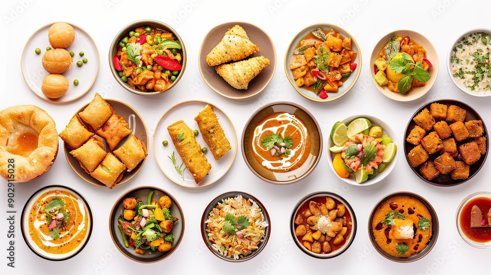 Top-down view of diverse Indian dishes such as curry, samosa, rolls, pani puri, and pakora isolated on white. Ideal for Ramadan Iftar collection. Top-down view of diverse Indian dishes such as curry, samosa, rolls, pani puri, and pakora isolated on white. Ideal for Ramadan Iftar collection.