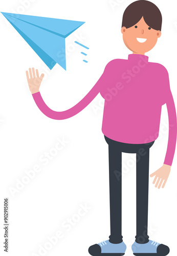 Boy Character Holding Paper Plane 