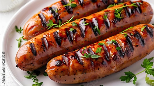 Top-down view of grilled sausages with grill marks, topped with fresh herbs, isolated on a plate. Ideal for barbecue and food visuals.