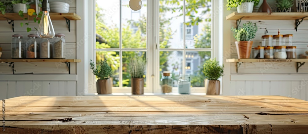 Kitchen window and shelves in the blurred background of a wooden table with copy space image Kitchen window and shelves in the blurred background of a wooden table with copy space image