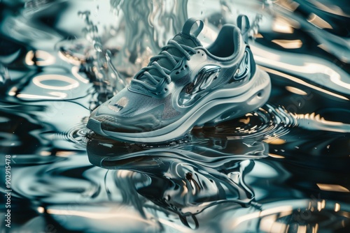 Stylish blue running shoe showcased on a reflective, water-like surface with dynamic lighting and abstract background effects