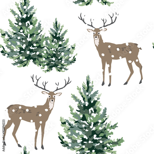 Christmas seamless pattern, deer animals, fir trees, snow, white background. Vector illustration. Nature design. Season greeting. Winter Xmas holidays