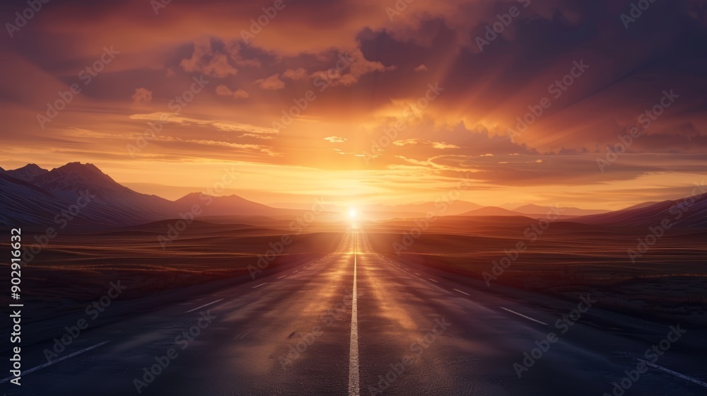 A breathtaking sunset over a deserted road, mountains on the horizon. Dramatic sky with vivid colors capturing nature's beauty. A breathtaking sunset over a deserted road, mountains on the horizon. Dramatic sky with vivid colors capturing nature's beauty.
