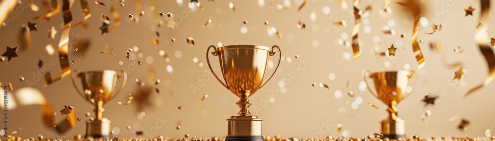 A row of gold cups with gold confetti falling around them. The cups are arranged in a row, with the first cup on the left and the last cup on the right A row of gold cups with gold confetti falling around them. The cups are arranged in a row, with the first cup on the left and the last cup on the right