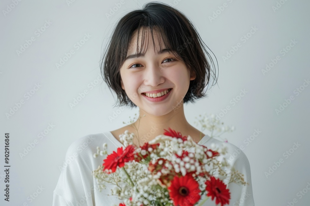 花束を持っている笑顔の日本人女性(母の日・結婚記念日・記念日・誕生日・デート) 花束を持っている笑顔の日本人女性(母の日・結婚記念日・記念日・誕生日・デート)