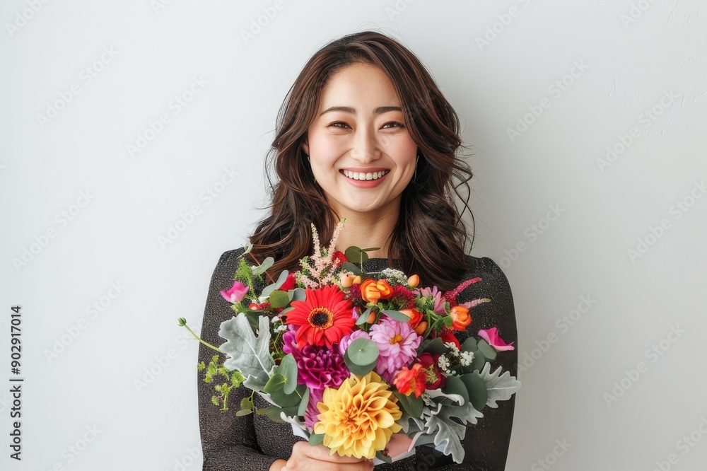 花束を持っている笑顔の日本人女性(母の日・結婚記念日・記念日・誕生日・デート) 花束を持っている笑顔の日本人女性(母の日・結婚記念日・記念日・誕生日・デート)