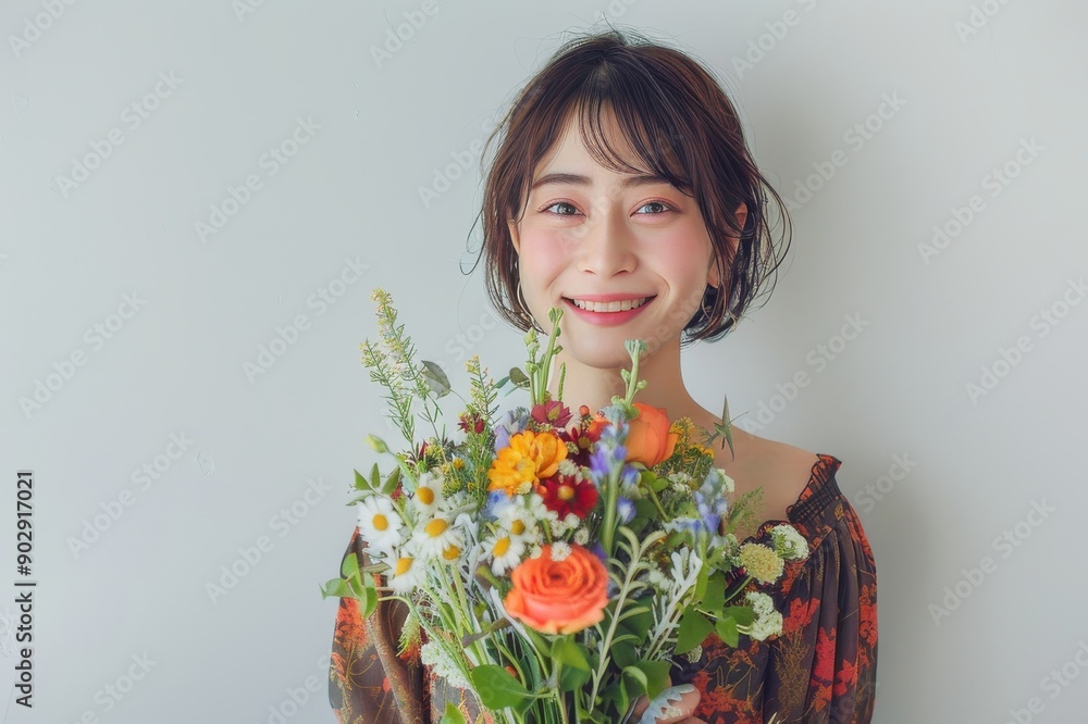 花束を持っている笑顔の日本人女性(母の日・結婚記念日・記念日・誕生日・デート) 花束を持っている笑顔の日本人女性(母の日・結婚記念日・記念日・誕生日・デート)