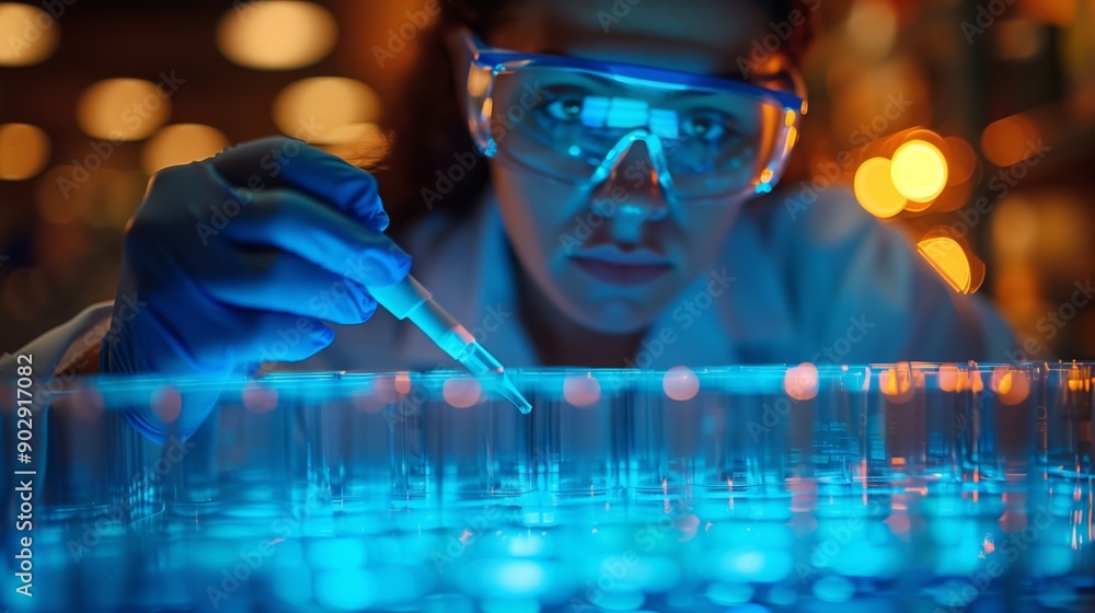 Fototapeta premium A scientist in a lab coat and safety goggles uses a pipette to add liquid to a test tube in a row of others, filled with blue liquid.