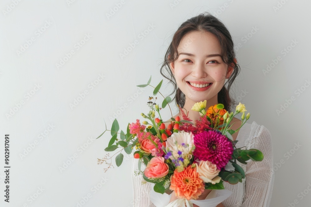 花束を持っている笑顔の日本人女性(母の日・結婚記念日・記念日・誕生日・デート) 花束を持っている笑顔の日本人女性(母の日・結婚記念日・記念日・誕生日・デート)