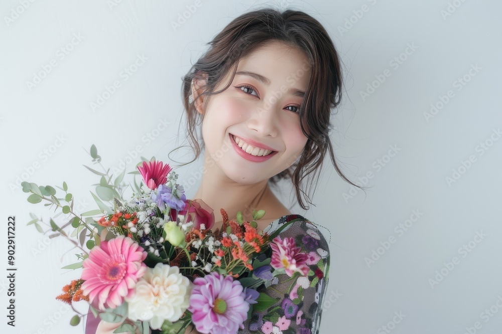 花束を持っている笑顔の日本人女性（母の日・結婚記念日・記念日・誕生日・デート）