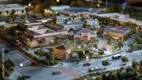 Generate a photo realistic image of a maquette showcasing a retail development with shopping malls, dining areas, and entertainment zones; ensure the image is of high resolution for clear