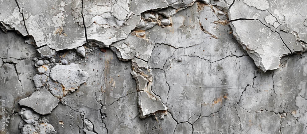 Old cement background showing a gray cracked concrete wall with protruding stones providing visual interest in a copy space image Old cement background showing a gray cracked concrete wall with protruding stones providing visual interest in a copy space image