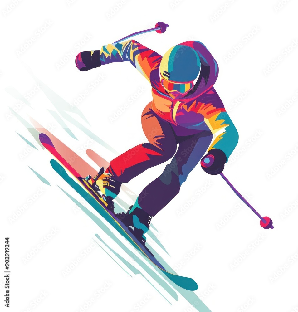 Obraz premium Colorful illustration of a skier racing down a slope with dynamic motion lines, showcasing an energetic and vibrant style