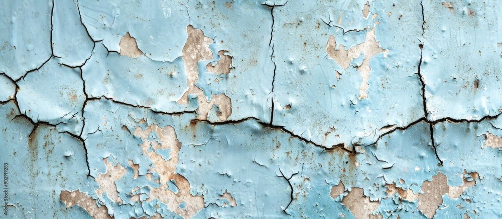 Obraz premium Light blue backdrop with cracks on iron surface perfect for copy space image