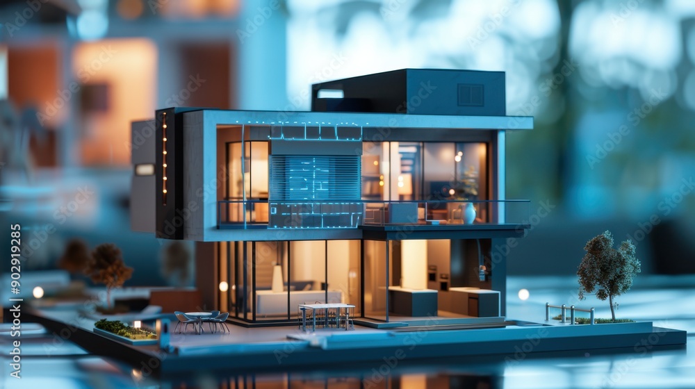 Detailed Modern Architectural Model Showcasing Innovative Design Elements in Evening Light Detailed Modern Architectural Model Showcasing Innovative Design Elements in Evening Light