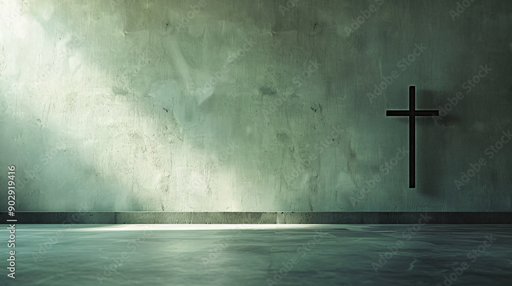 Naklejka premium Empty room with a single black cross on a weathered concrete wall, lit by a beam of sunlight