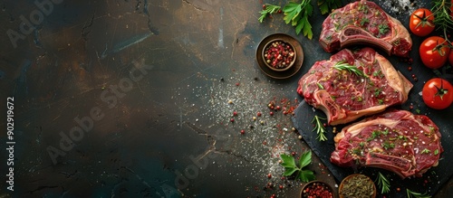 Flat lay with copy space image of raw ribeye steaks seasoned with flavorful spices