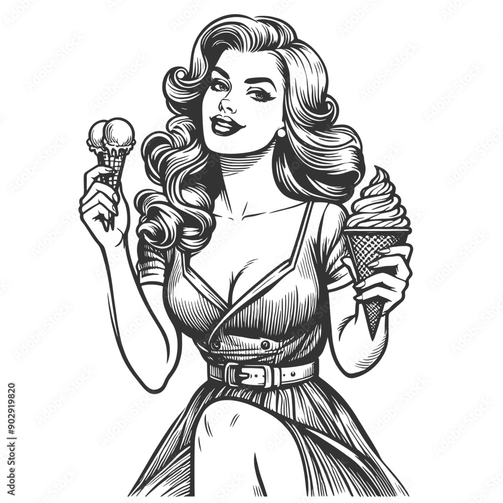 Fototapeta premium smiling pin-up girl with wavy hair with two ice cream cones, retro style sketch engraving generative ai fictional character vector illustration. Scratch board imitation. Black and white image.