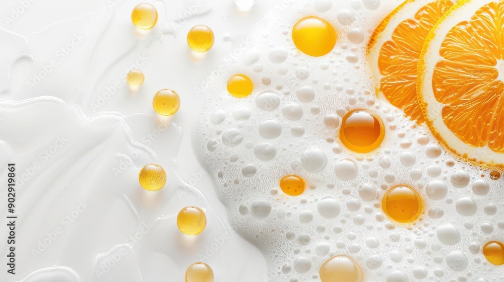 Closeup of creamy foam with lotion and Vitamin C drops, highlighting texture and shine, foam lotion Vitamin C, skincare luxury Closeup of creamy foam with lotion and Vitamin C drops, highlighting texture and shine, foam lotion Vitamin C, skincare luxury
