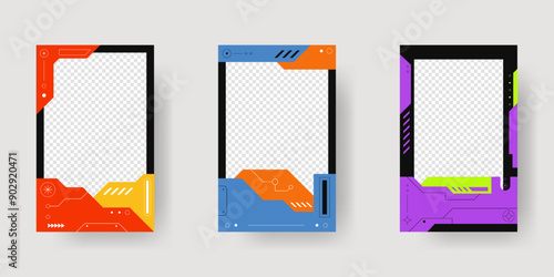 Collection of player frames template. Cyberpunk style. Game card frame mockup template design.