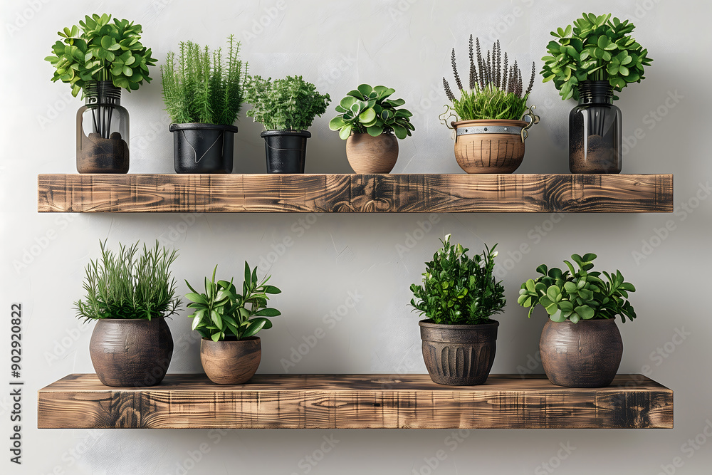 Wooden Floating Shelves with Potted Plants and Glass Jars in Sunlit Room Wooden Floating Shelves with Potted Plants and Glass Jars in Sunlit Room