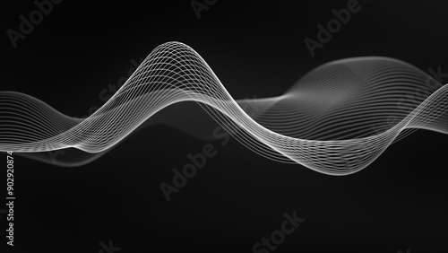 White wave on a black background. Vector wave of gray color. Linear wave, graphic shape flow. Digital monochrome, black and white background. Smoke illustration. Smooth water level surface. Sci-fi, 4k