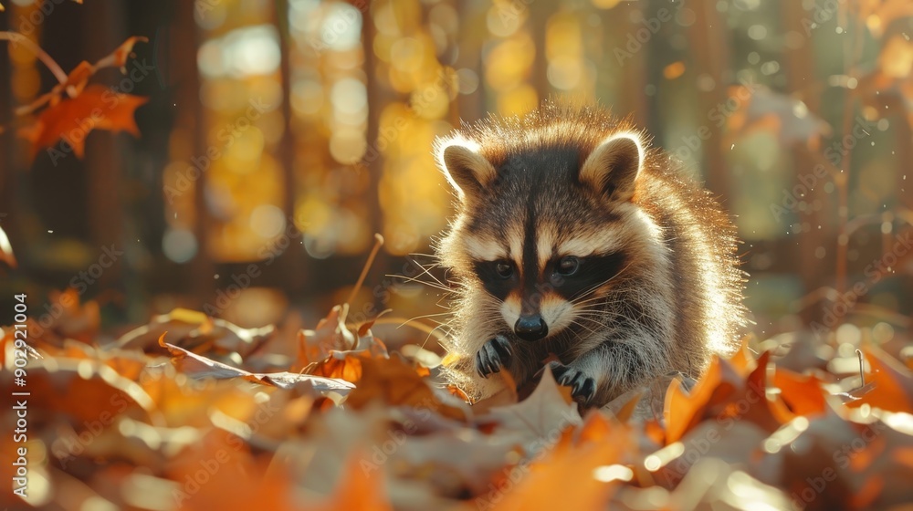 A baby raccoon playing with leaves in the morning sun A baby raccoon playing with leaves in the morning sun