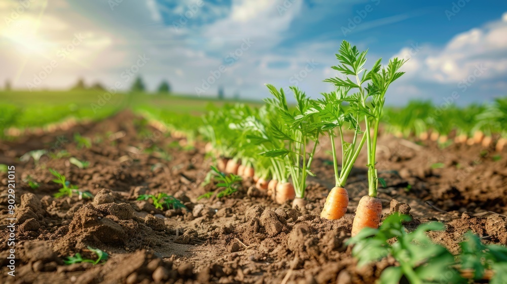 A row of young carrots growing neatly on a farm under a sunny sky, showcasing the vibrancy and health of fresh produce A row of young carrots growing neatly on a farm under a sunny sky, showcasing the vibrancy and health of fresh produce
