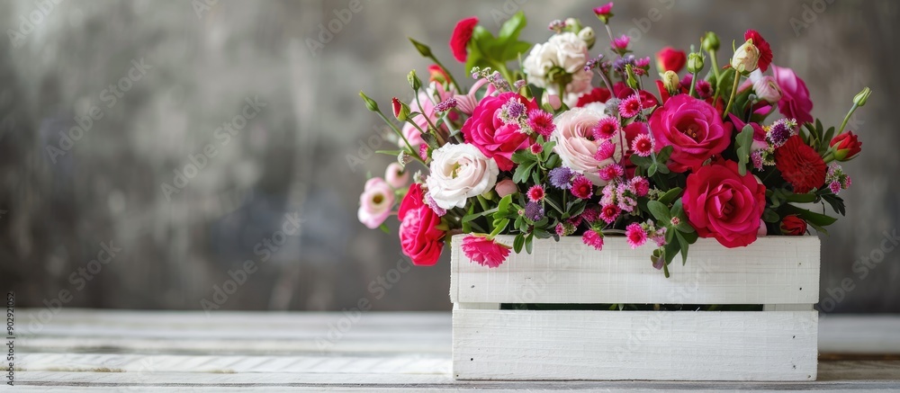 Fototapeta premium Mothers Day themed floral arrangement in a white wooden box featuring ample copy space image