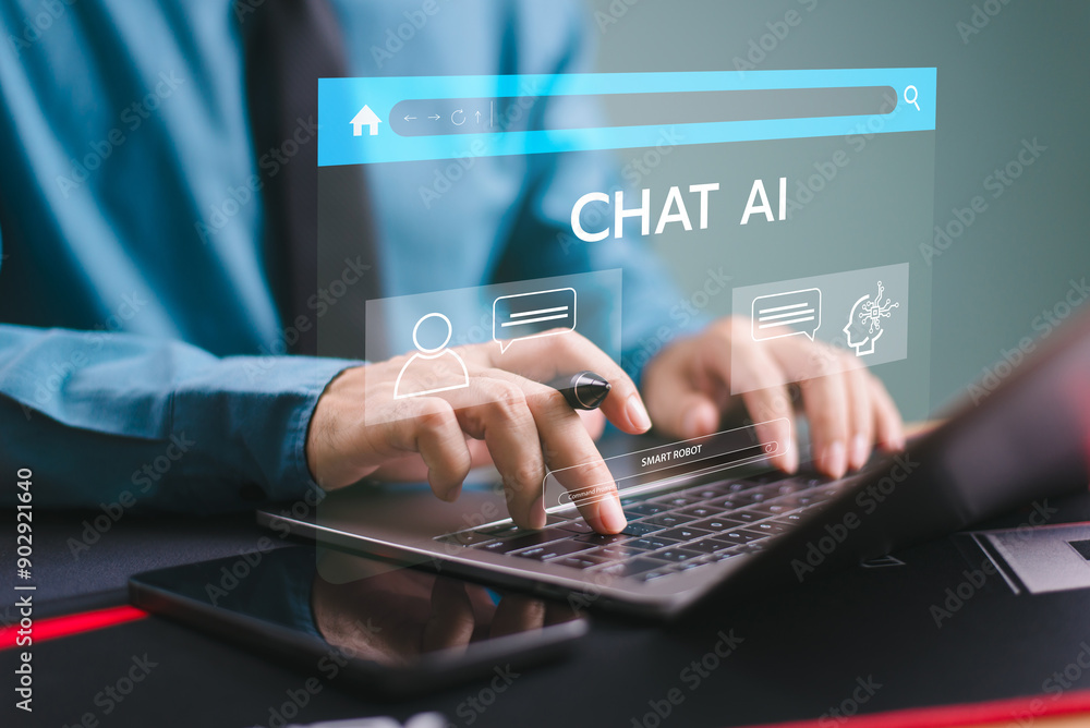 Ai chat bot with customer help modern business. Businessman use computer open chat Ai application, Artificial intelligence robot. Mobile app convenient assistance. Conversation prompt generate service Ai chat bot with customer help modern business. Businessman use computer open chat Ai application, Artificial intelligence robot. Mobile app convenient assistance. Conversation prompt generate service