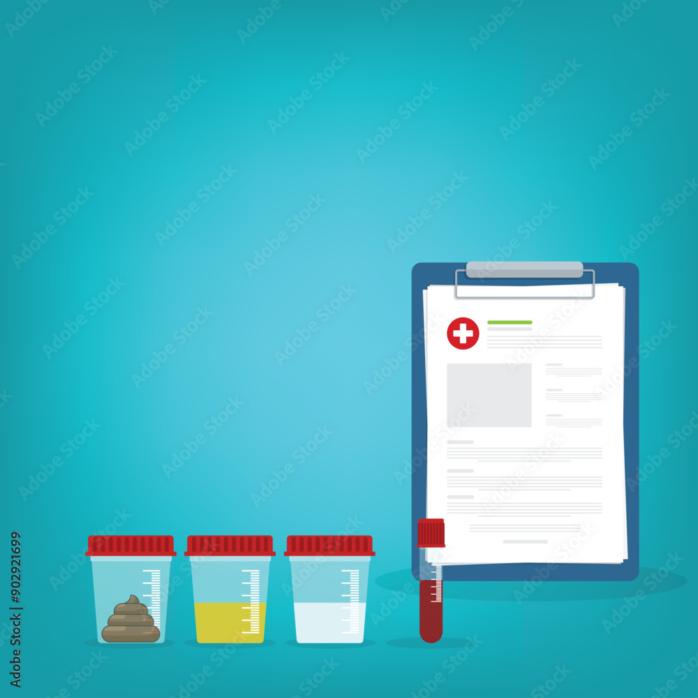 Urine, stool, sperm and blood analysis. Urine, stool, sperm and blood test icon. Medical analysis laboratory test. Medical samples in a plastic box and medical report clipboard. Urine, stool, sperm and blood analysis. Urine, stool, sperm and blood test icon. Medical analysis laboratory test. Medical samples in a plastic box and medical report clipboard.