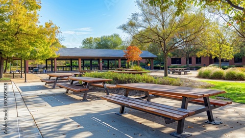 Fototapeta Naklejka Na Ścianę i Meble -  Sunny outdoor park with picnic tables, green trees, and a pavilion, perfect for gatherings and relaxation on a clear day.