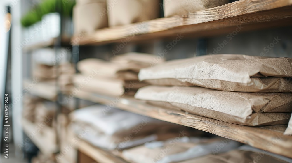 A cozy, organized display of shelves filled with various brown paper-wrapped supplies, highlighting simplicity and neatness, evoking a rustic and homey atmosphere. A cozy, organized display of shelves filled with various brown paper-wrapped supplies, highlighting simplicity and neatness, evoking a rustic and homey atmosphere.