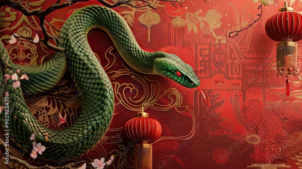 Green snake elegantly coiled against a festive red and gold backdrop adorned with lanterns and traditional patterns, embodying the spirit of Chinese New Year. Green snake elegantly coiled against a festive red and gold backdrop adorned with lanterns and traditional patterns, embodying the spirit of Chinese New Year.
