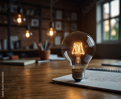 Illuminated vintage lightbulb on wooden desk in creative office space