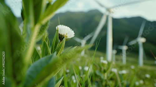 White flowers and green plants with wind turbines in the background, set against mountainous terrain, creating a beautiful and serene eco-friendly landscape promoting renewable energy. photo