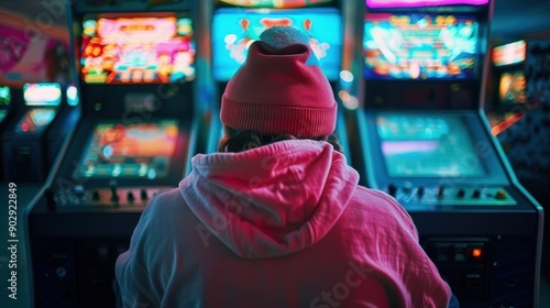 This image showcases a person with a pink hat deeply engaged in gaming within a neon-lit arcade, symbolizing the immersive nature and joy of arcade gaming. photo