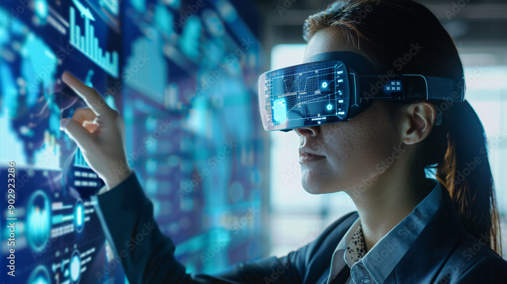 Businesswoman using augmented reality for data analysis Businesswoman using augmented reality for data analysis