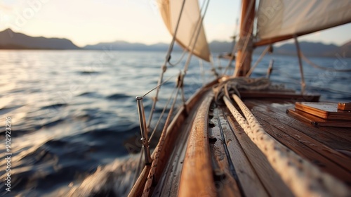 A traditional sailboat is depicted navigating calm waters under bright daylight, with a stunning mountainous backdrop, conveying adventure, freedom, and tranquility.