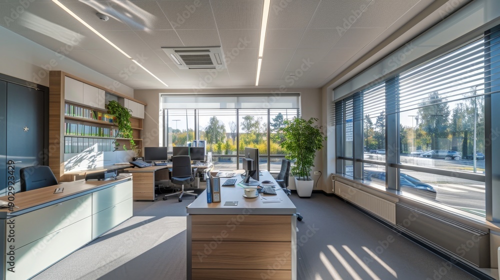 Modern Office Interior with Large Windows and Desk Modern Office Interior with Large Windows and Desk