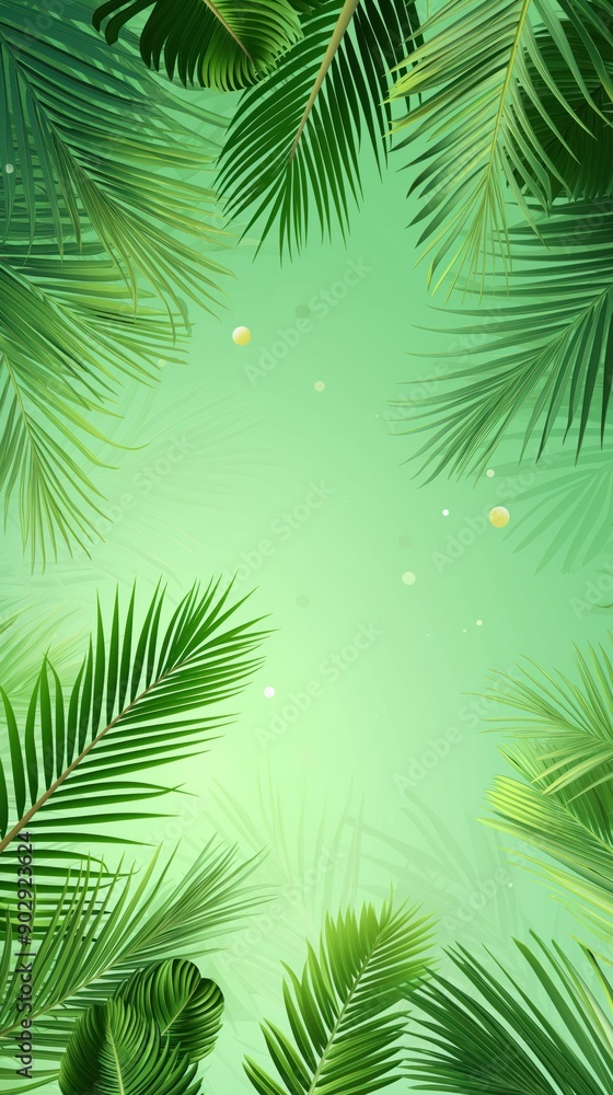 Green palm leaves frame on a green background. Palm fronds forming a frame around. Tropical nature design Green palm leaves frame on a green background. Palm fronds forming a frame around. Tropical nature design