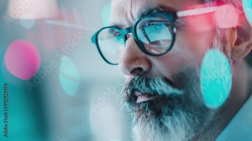 A close-up shot of a scientist in a modern, high-tech laboratory, meticulously examining data on a screen, representing the fusion of scientific inquiry and advanced technology. photo