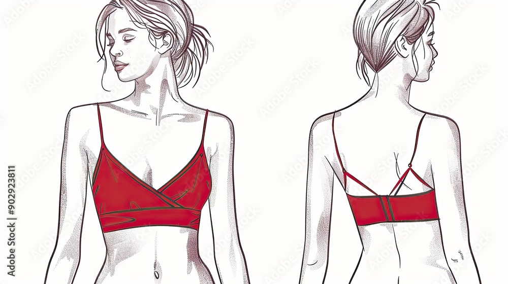 Stylish red bra top illustration in a single line drawing style, set on a white background. Great for fashion design prints, shop signs, and promotional materials. Stylish red bra top illustration in a single line drawing style, set on a white background. Great for fashion design prints, shop signs, and promotional materials.