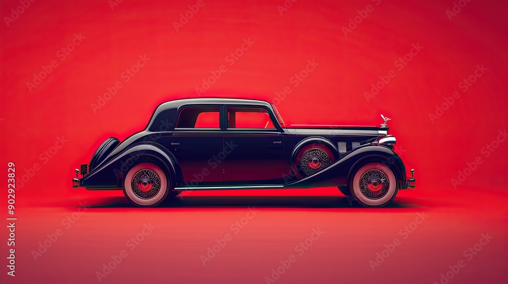 Fototapeta premium Stylish retro vintage black car model on a gradient red background, symbolizing luxurious transportation and chic style