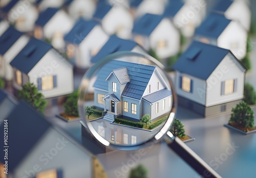 close-up of magnifying glass focused on blue roof house model, surrounded by other houses. Real estate search concept. High resolution photography.