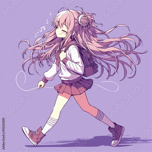 Illustration of character person listening a music. anime style