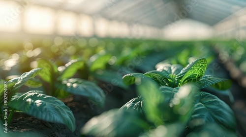 An idyllic view showcasing hydroponically grown leafy greens in a sun-drenched greenhouse, illustrating modern agriculture techniques and their impact on sustainability. photo